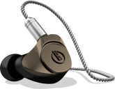 EarSonics BLADE in-ear monitors, bronze casing, coiled silver cable.